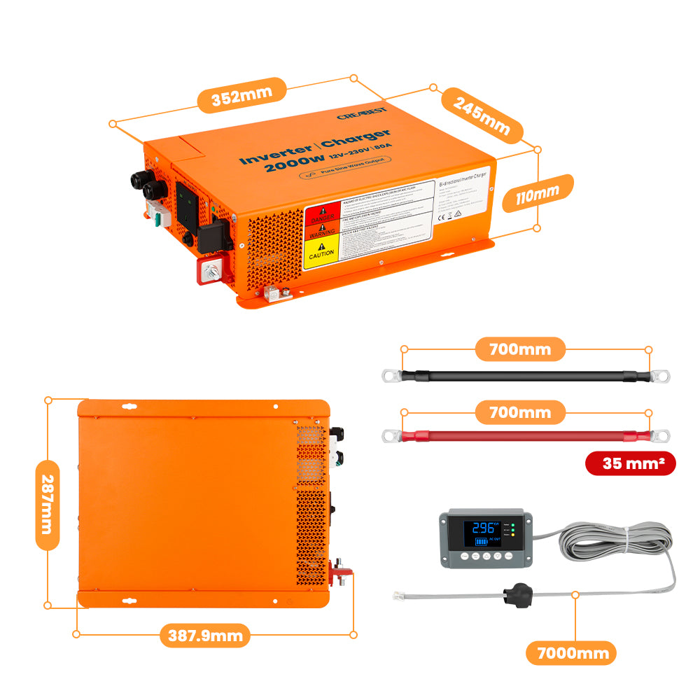 2000W Pure Sine Wave Power Inverter 12V to 240V with RCD Breaker, Char ...