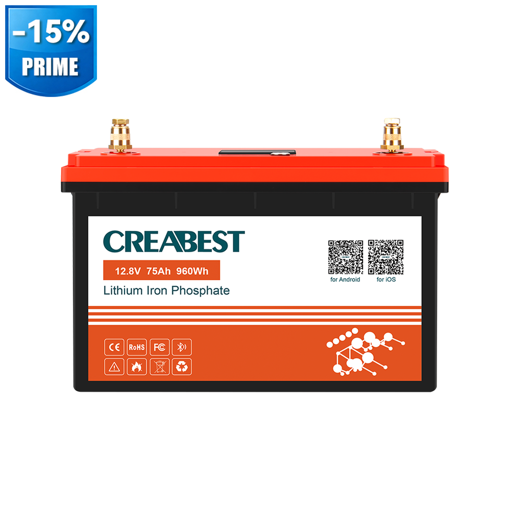 CREABEST LiFePO4 Battery 12V 75Ah for RV Solar Caravan Leisure Camping Marine Boat with Bluetooth