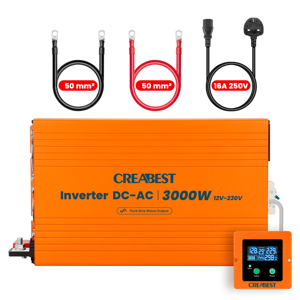 3000W Pure Sine Wave Power Inverter 12V to 240V with RCD Breaker, Mains Priority Mode, UPS Function, R10, 2X DC Cable 50mm², 1X AC Cable