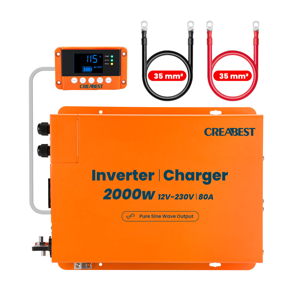 2000W Pure Sine Wave Power Inverter 12V to 240V with RCD Breaker, Charger 80A, Mains Priority Mode, UPS Function, R10, 2X DC Cable 35mm²