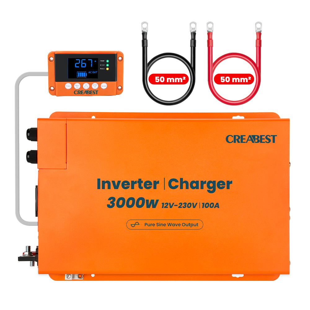 3000W Pure Sine Wave Power Inverter 12V to 240V with RCD Breaker, Charger 100A, Mains Priority Mode, UPS Function, R10, 2X DC Cable 50mm²
